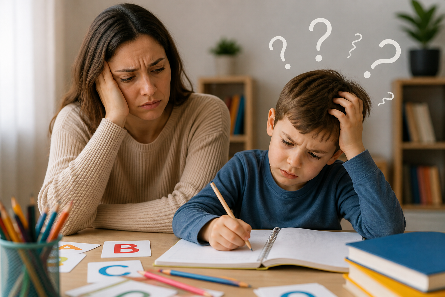 Mãe preocupada ajudando filho confuso com letras